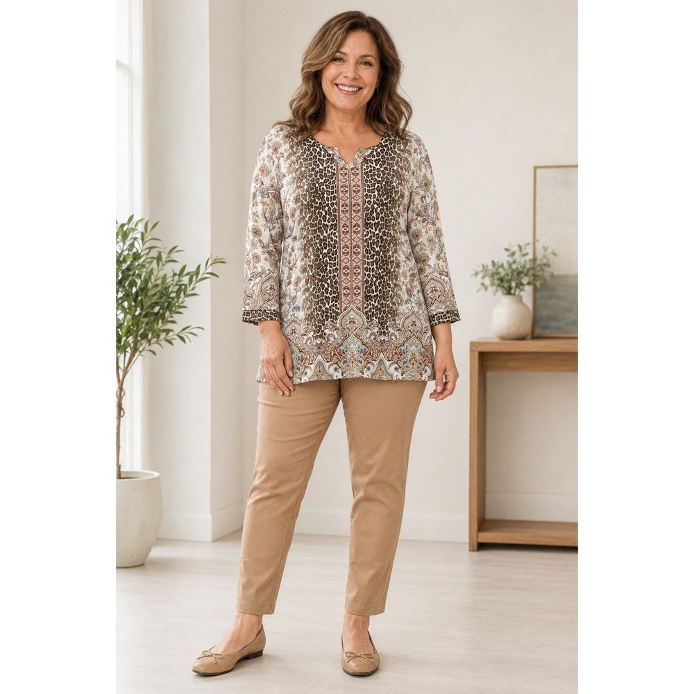 Chico's Tunic Top Womens 3 XL Leopard Paisley Floral 3/4 Sleeve Stretch Boho